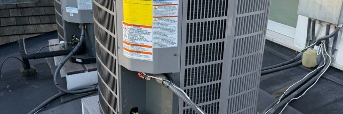 Rooftop American Standard condenser installation for an AC equipment replacement in Belle Haven Greenwich CT.