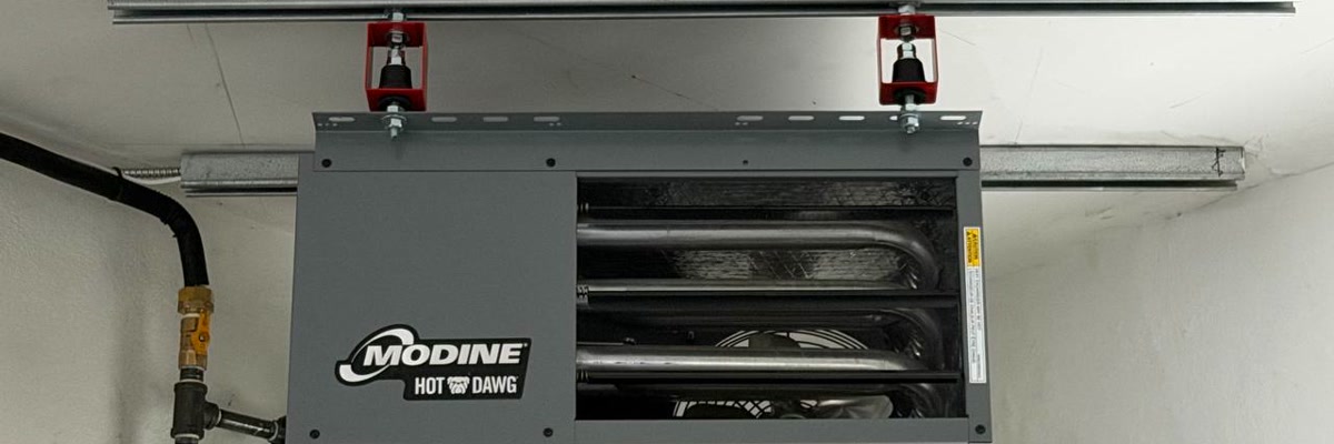 Ceiling-mounted Modine gas-fired garage heater installed in Greenwich, CT
