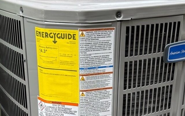American Standard Silver Series outdoor condensing unit showing brand badge at East Putnam Avenue in Cos Cob, Greenwich, CT
