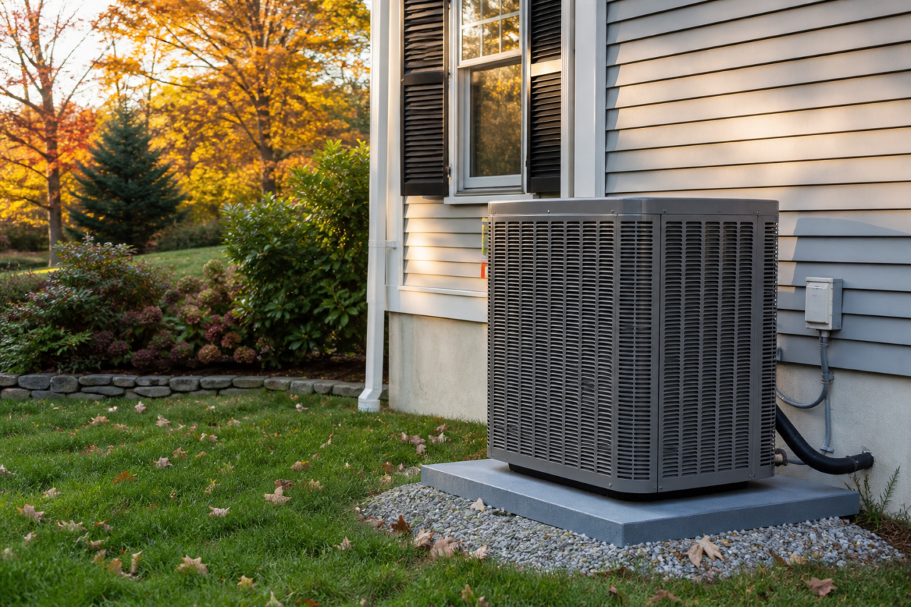 Residential outdoor HVAC unit beside a New England house with autumn leaves