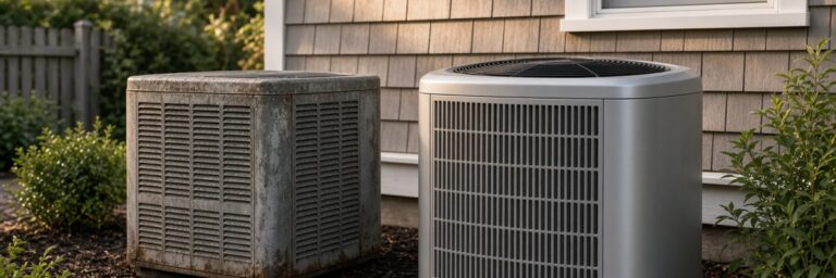 Older outdoor HVAC unit next to a new AccuComfort-style condenser — repair or replace guide for Greenwich homeowners.