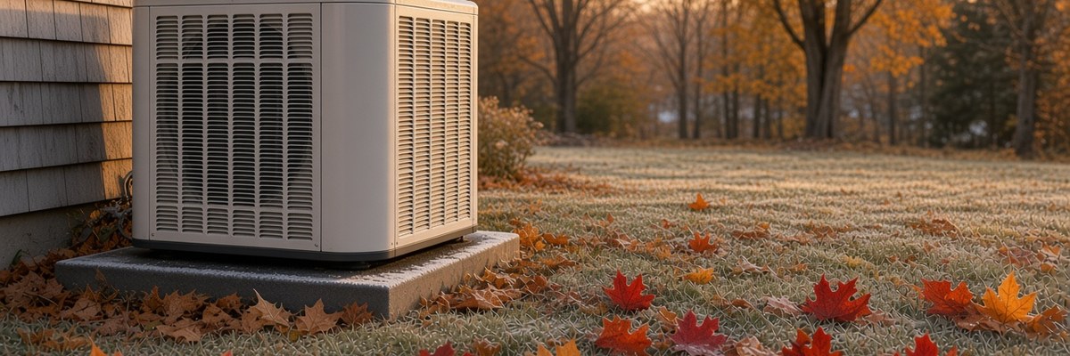 Frosty early-morning outdoor air-conditioning condenser with fall leaves, Greenwich CT